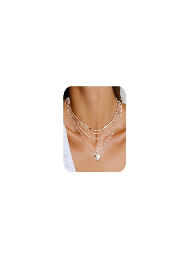 MFRYK Silver Necklaces Stack For Women,Sterling Silver Plated Simple Layered Choker Necklaces For Women,Stackable Multilayer Silver Cuban Peach Heart Pendant Wave Chain Sparkle Dot Choker Chain Small Pearl Layering Necklaces Set For Women Jewelry Gift for Women - Image 1